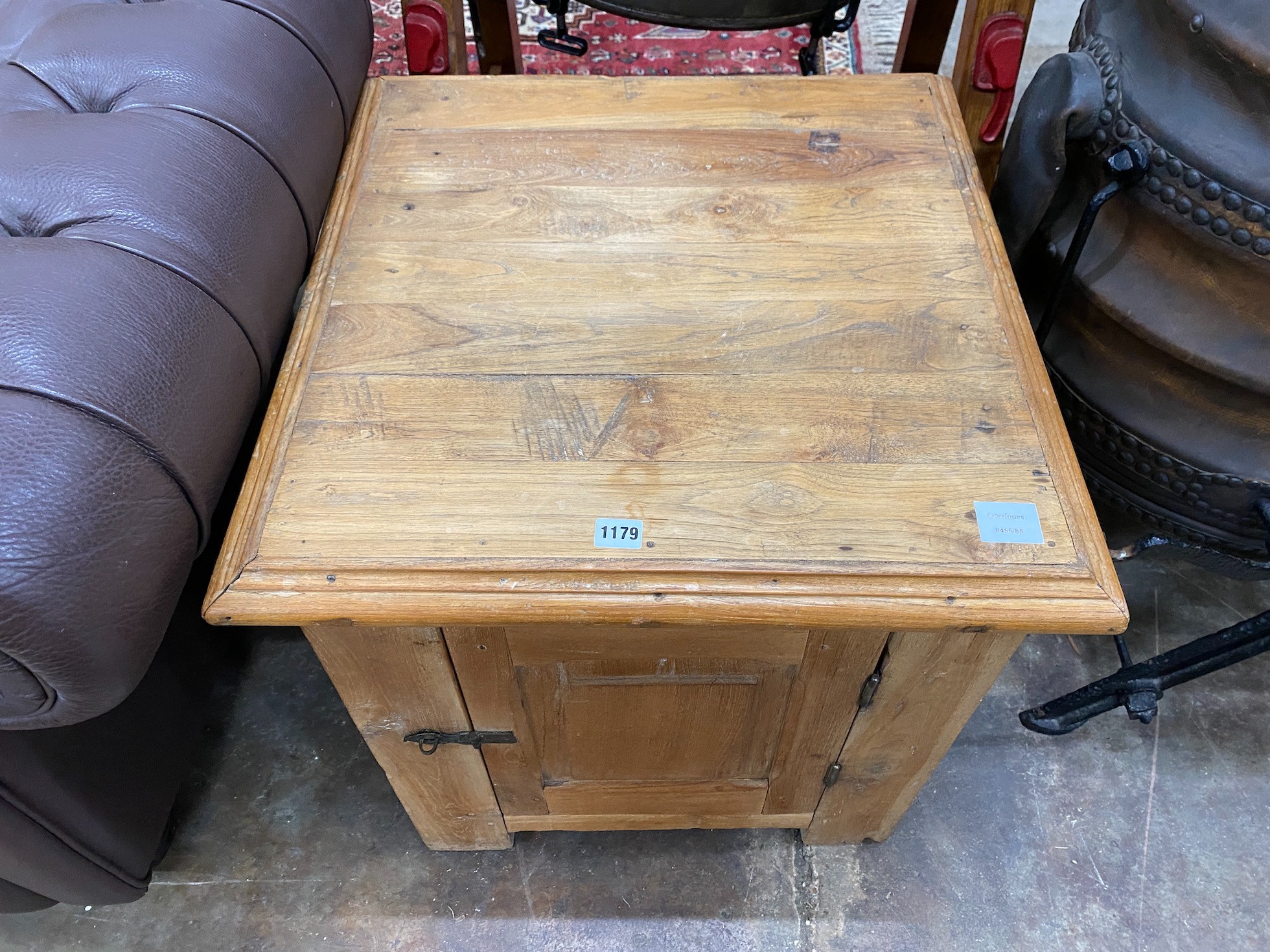 A Victorian stripped pine bedside cupboard, width 60cm, depth 61cm, height 63cm